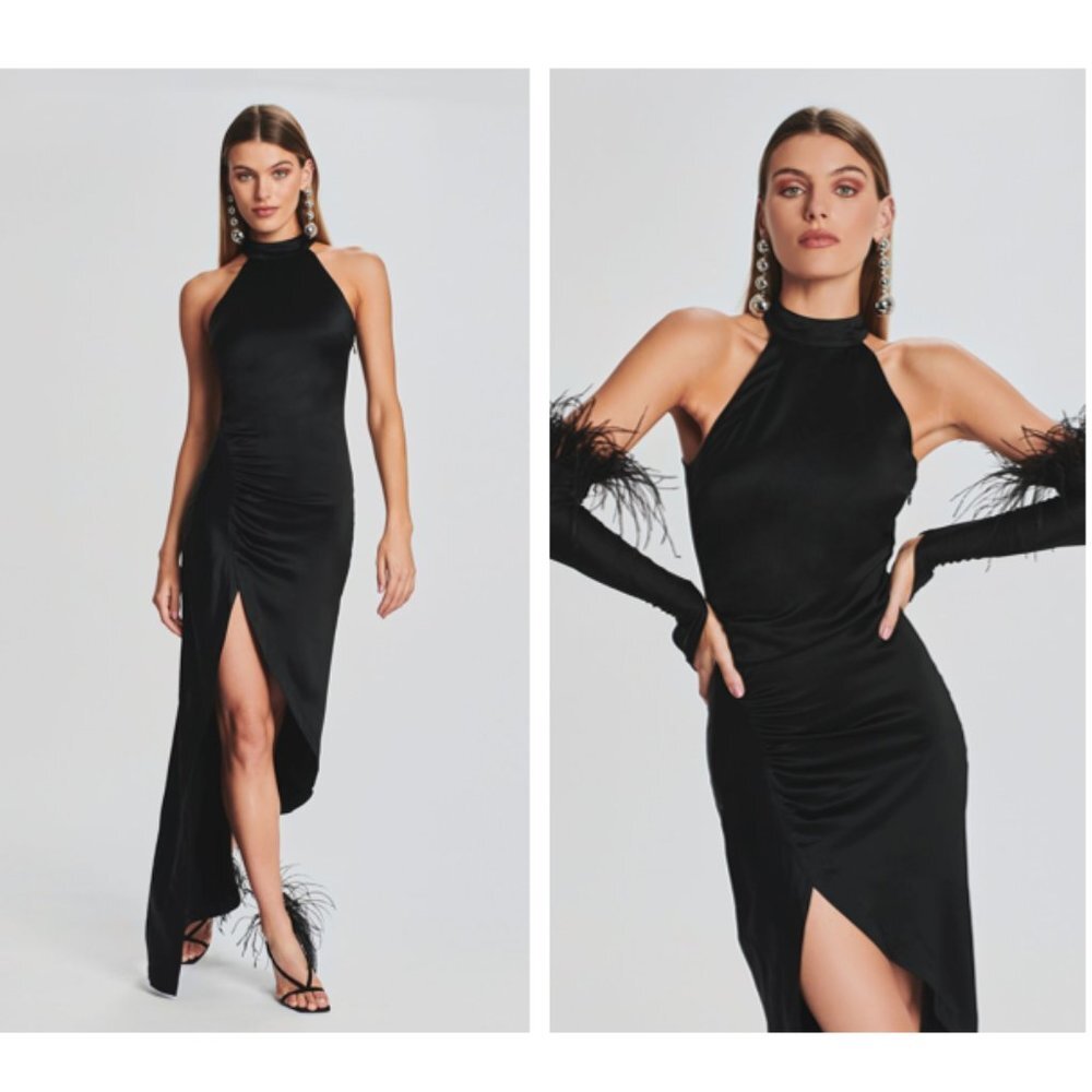 retrofete NEW Sab Satin Formal High Neck Bodycon Maxi Dress in Black Size XS
